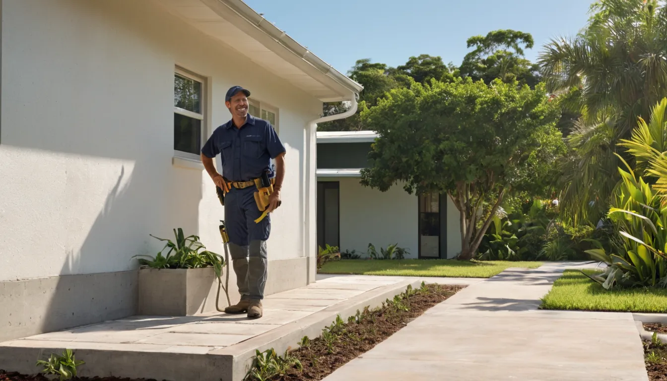 Pest control provider inspecting the exterior of a concrete block home in Temple Terrace